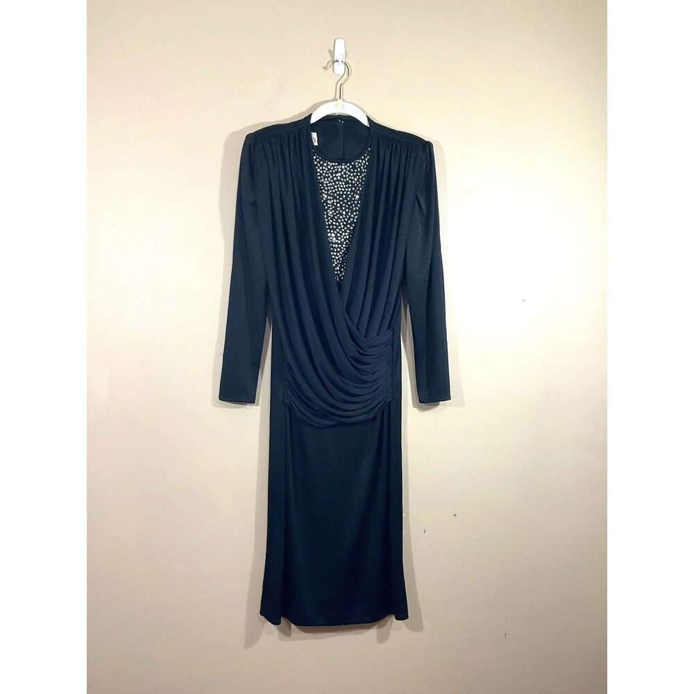 Vintage Womens Draped Front Midi Dress 8 Black Glam Party Formal Cocktail 80s